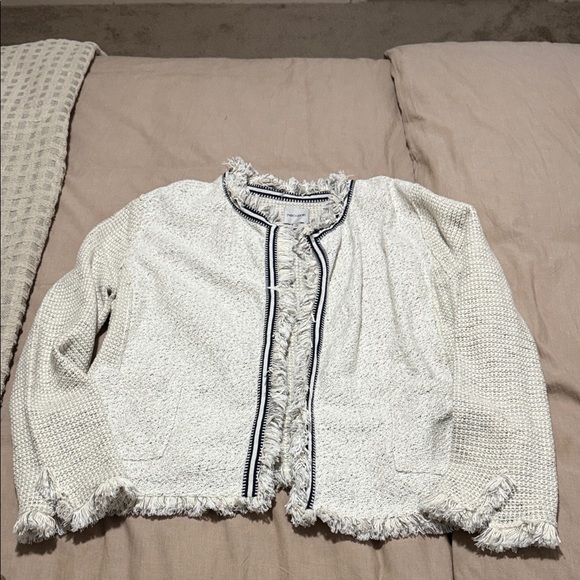 NIC+ZOE Jackets & Blazers - Chic Cream with Blue Trim Tweed Jacket with Fringe Trim